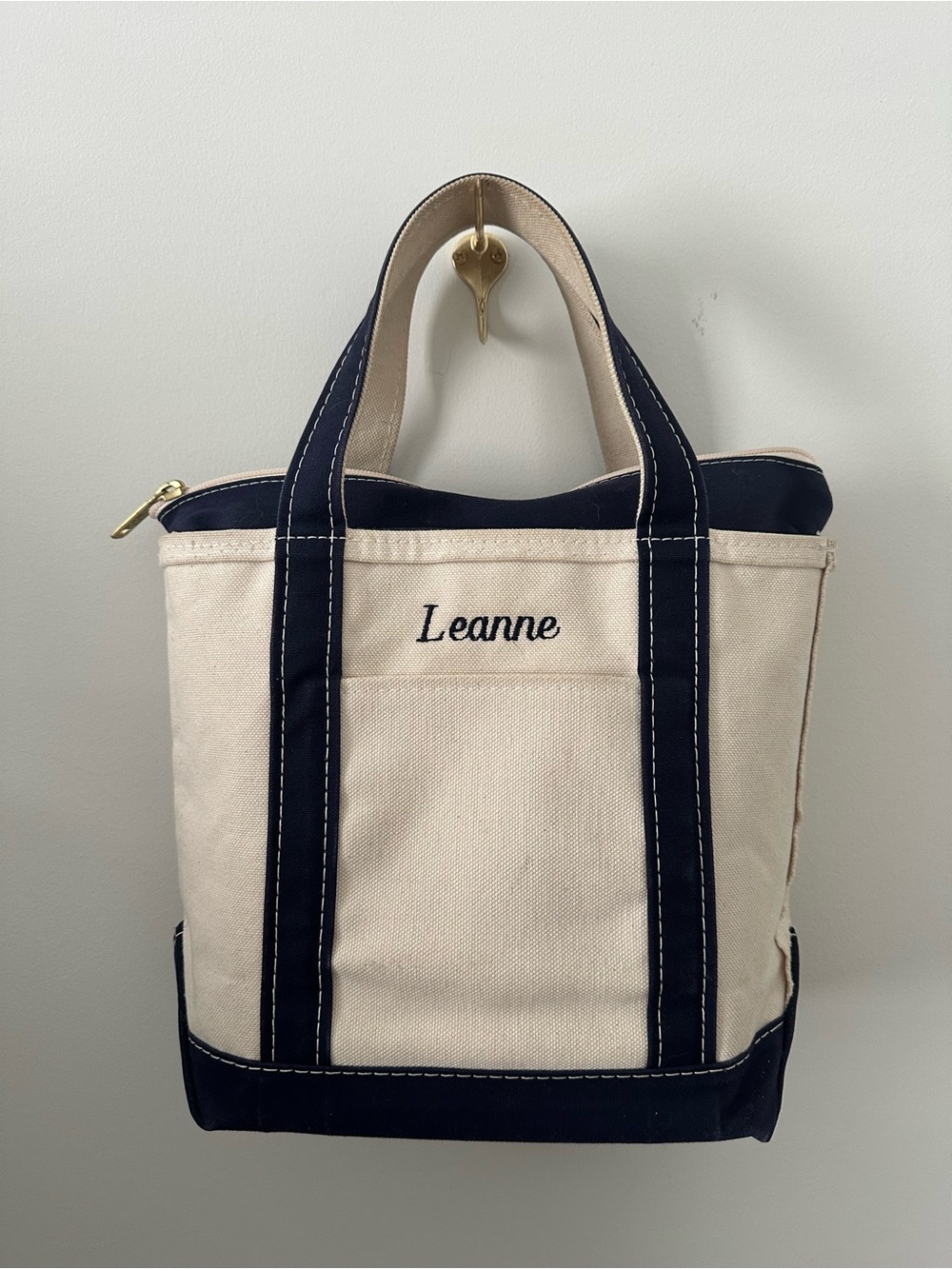 LL Bean small Personalized Canvas Tote Bag with Navy Trim